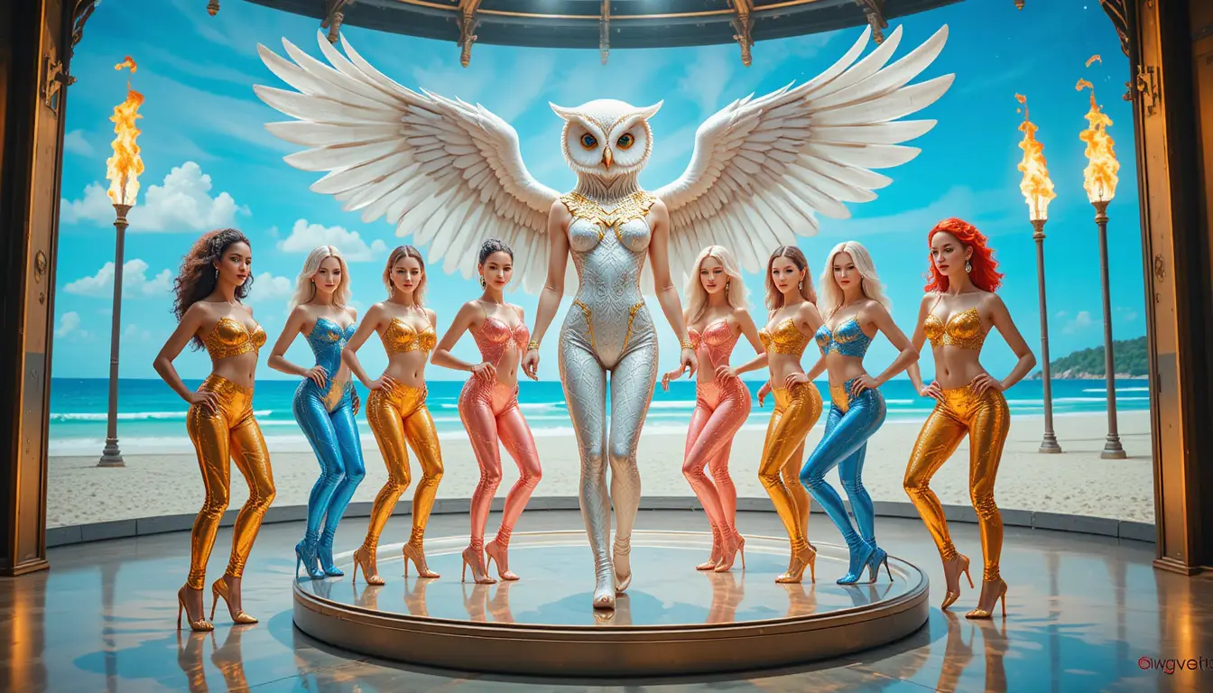 Owl costumed performer leading dancers on surreal beach stage