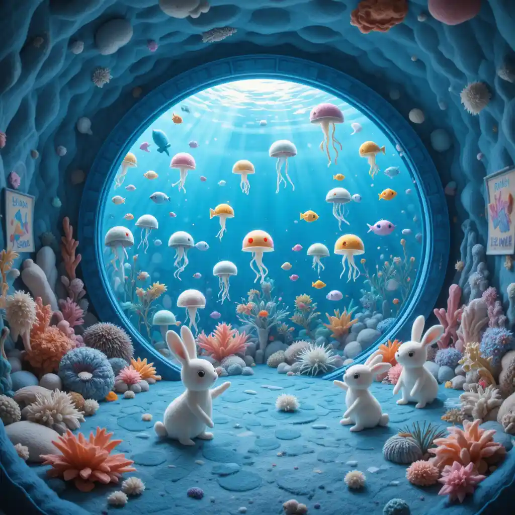 Felt underwater aquarium room with kawaii rabbits visiting
