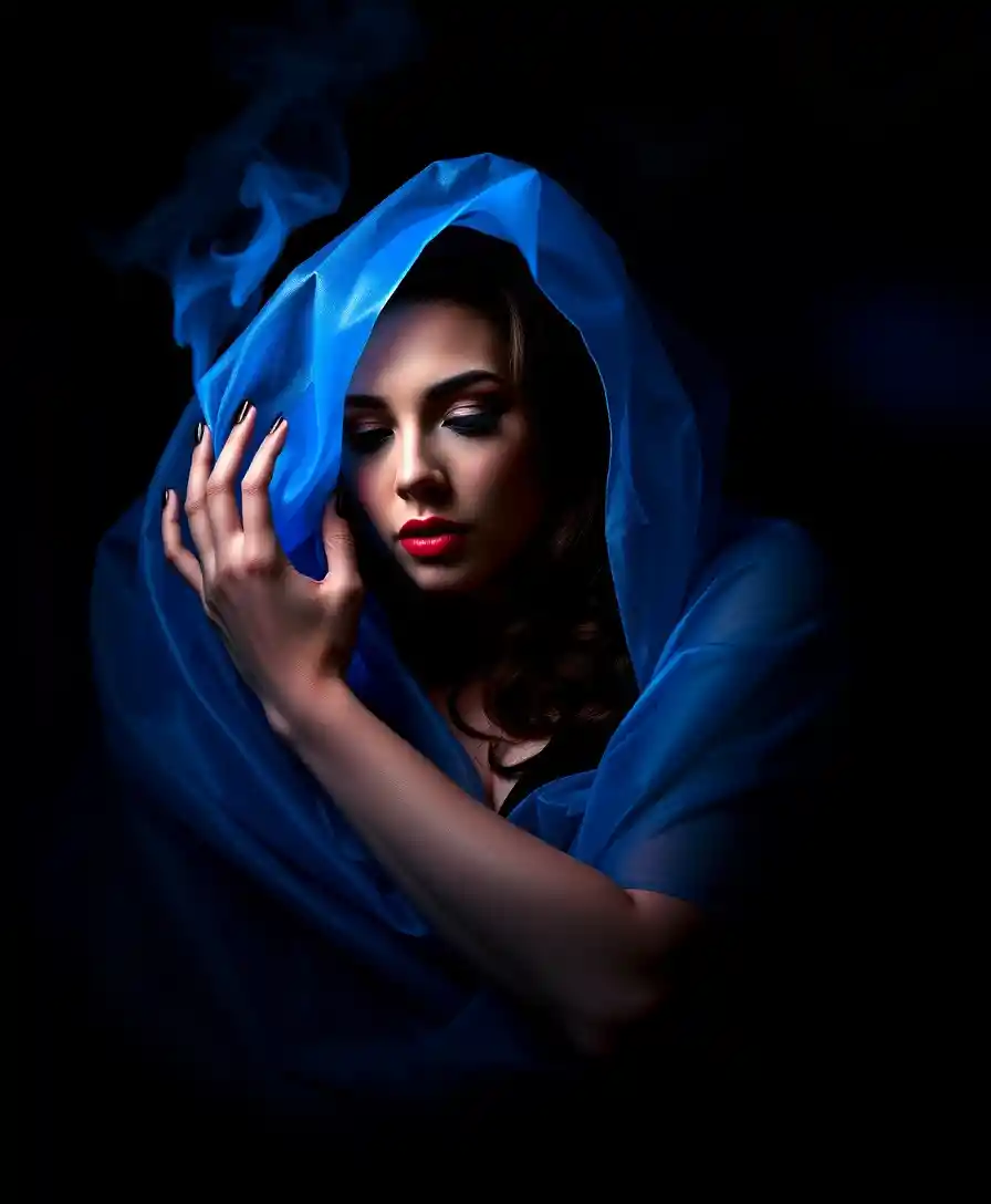 Ethereal woman framed by slow swirling blue flame shadows