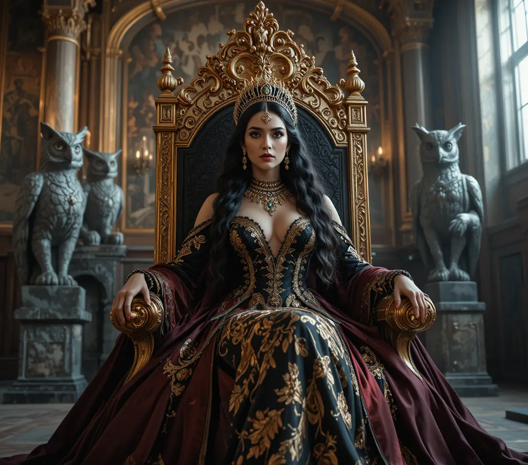 Regal queen on golden throne in ornate palace hall