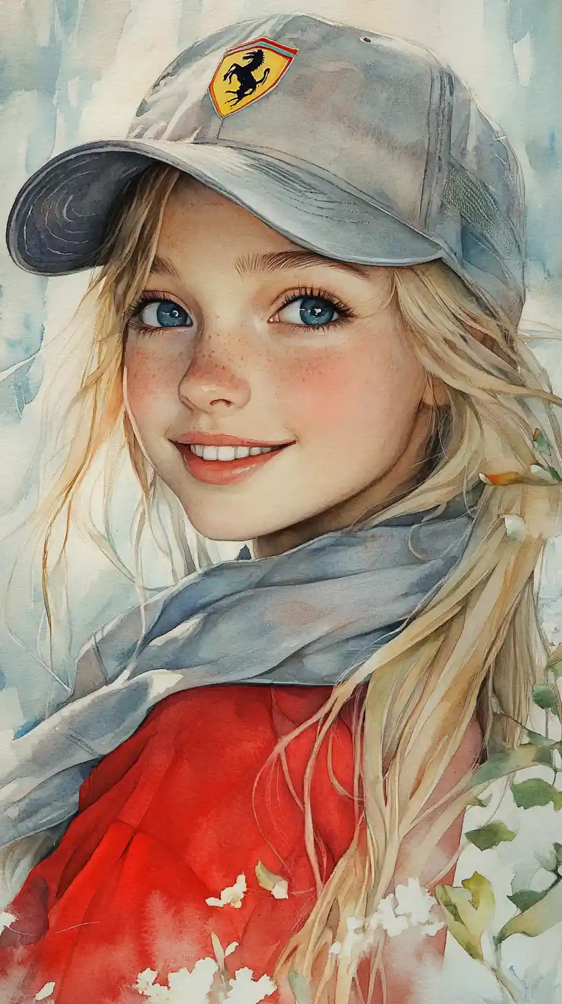 Watercolor portrait of a smiling blonde girl in red