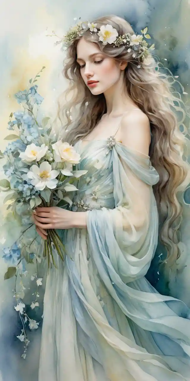 Serene woman in a floral gown bathed in soft light