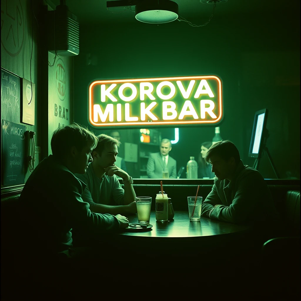 Four friends sitting together in a moody winter bar