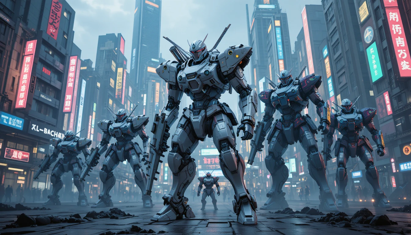 Mecha samurái futurista en las calles neón de un Tokio distópico