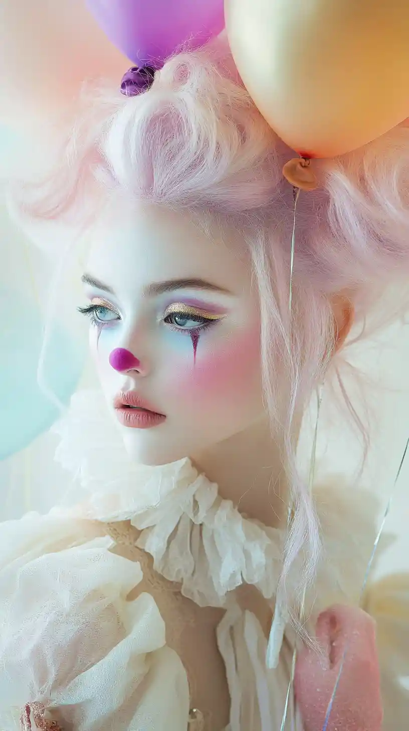 Dreamy pastel jester woman with shimmering clown makeup