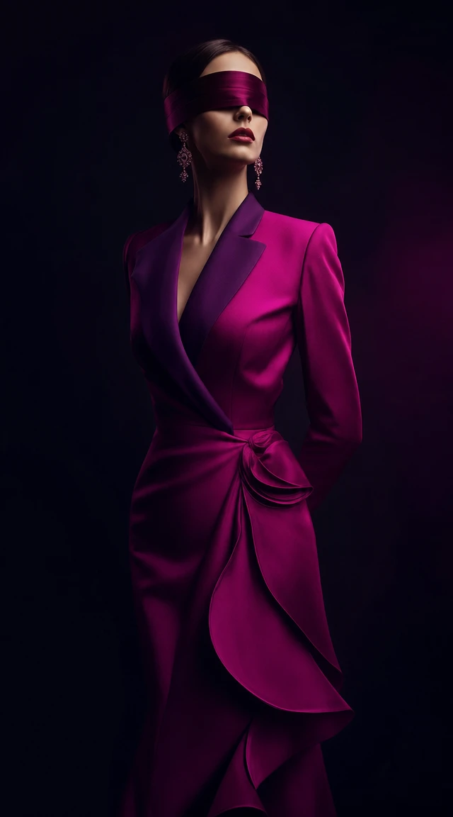 Blindfolded woman in neon violet pink business dress