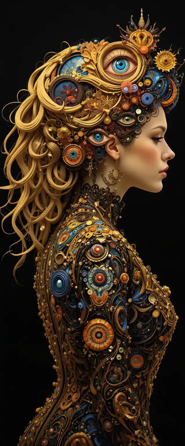 Surreal portrait of a woman with vibrant eyes in golden hair