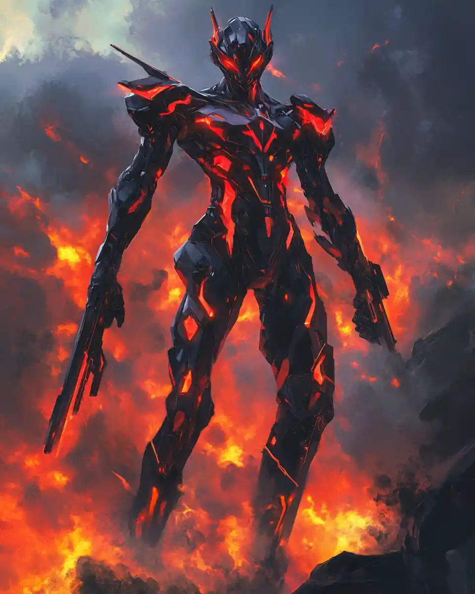 Black anime mecha covered in red flame patterns and weapons
