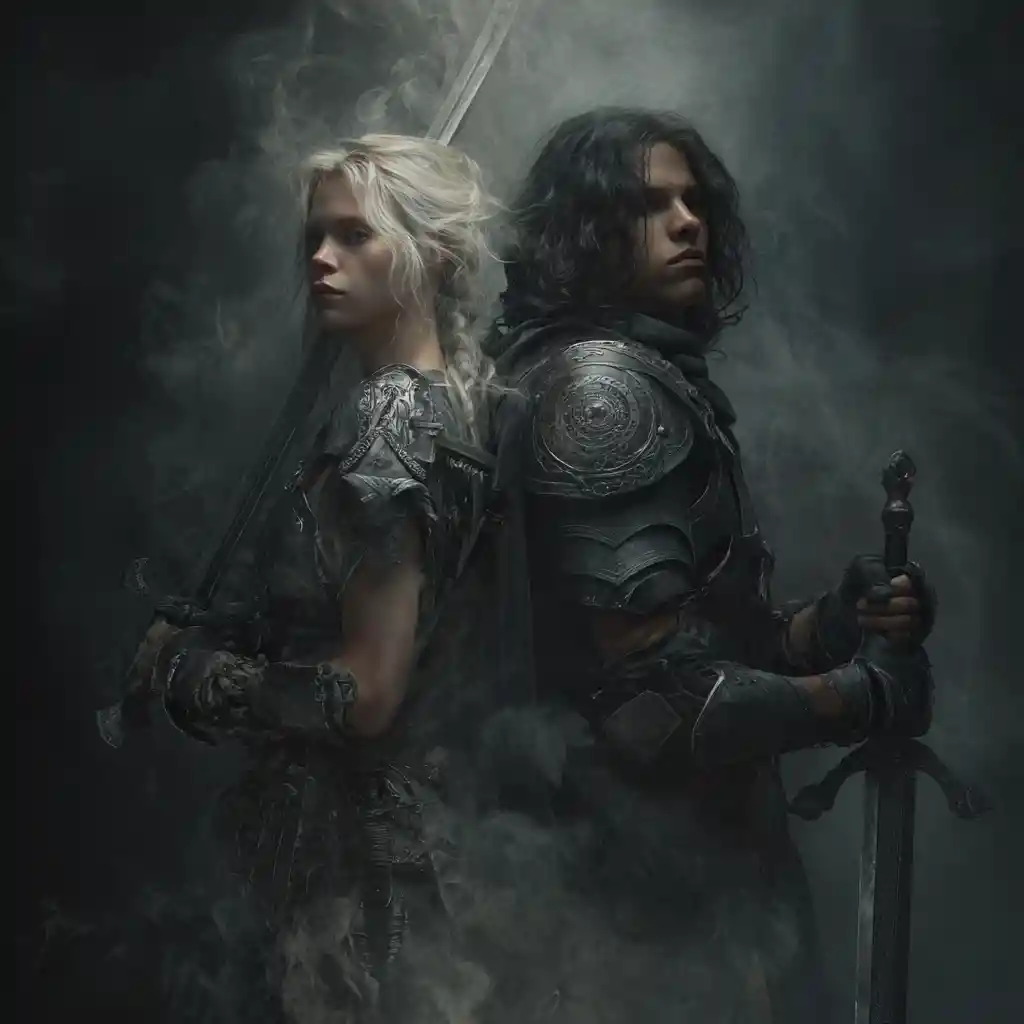Warrior couple in dark fantasy armor ready for battle