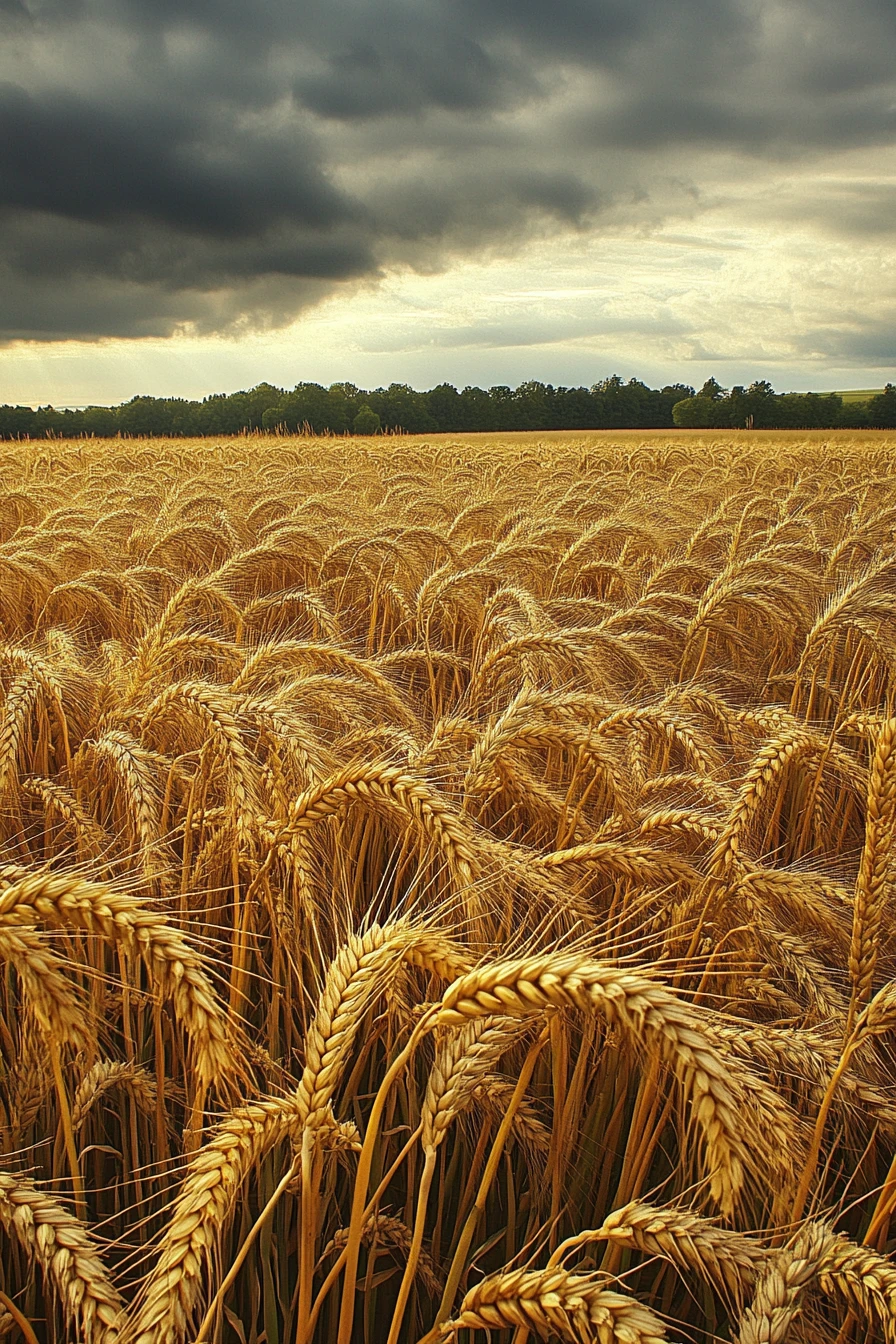 Golden grain field under heavy gray clouded sky