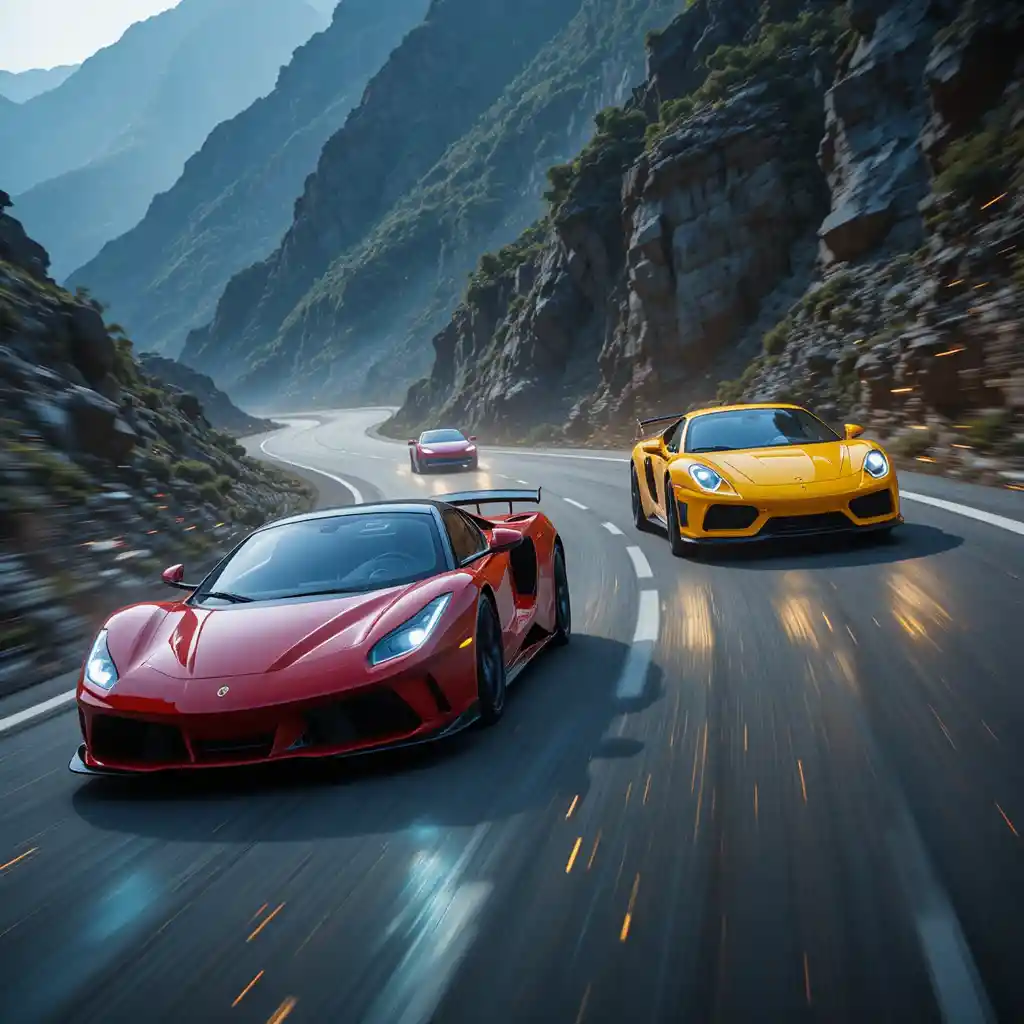 Red And Yellow Supercars Racing On A Mountain Road