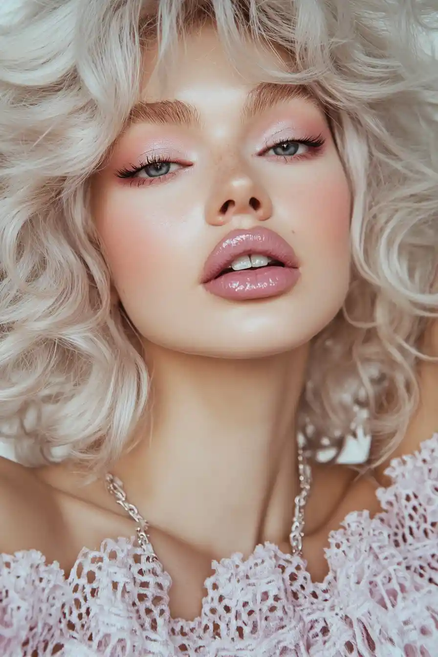 Glamorous woman with ash blonde curls and pink makeup