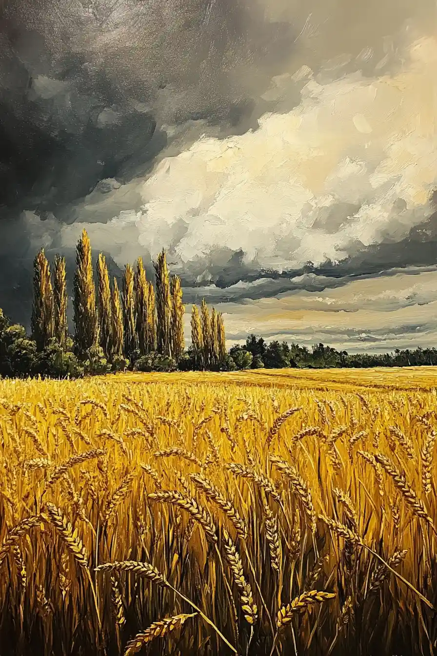 Golden grain field under grey clouds on the horizon