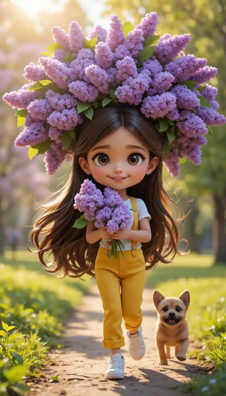 Little girl with lilac wreath walking in spring park