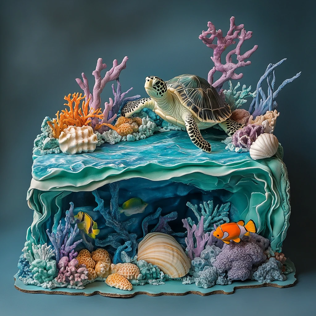 Pastel Submarino Surrealista con Tortuga y Peces de Colores