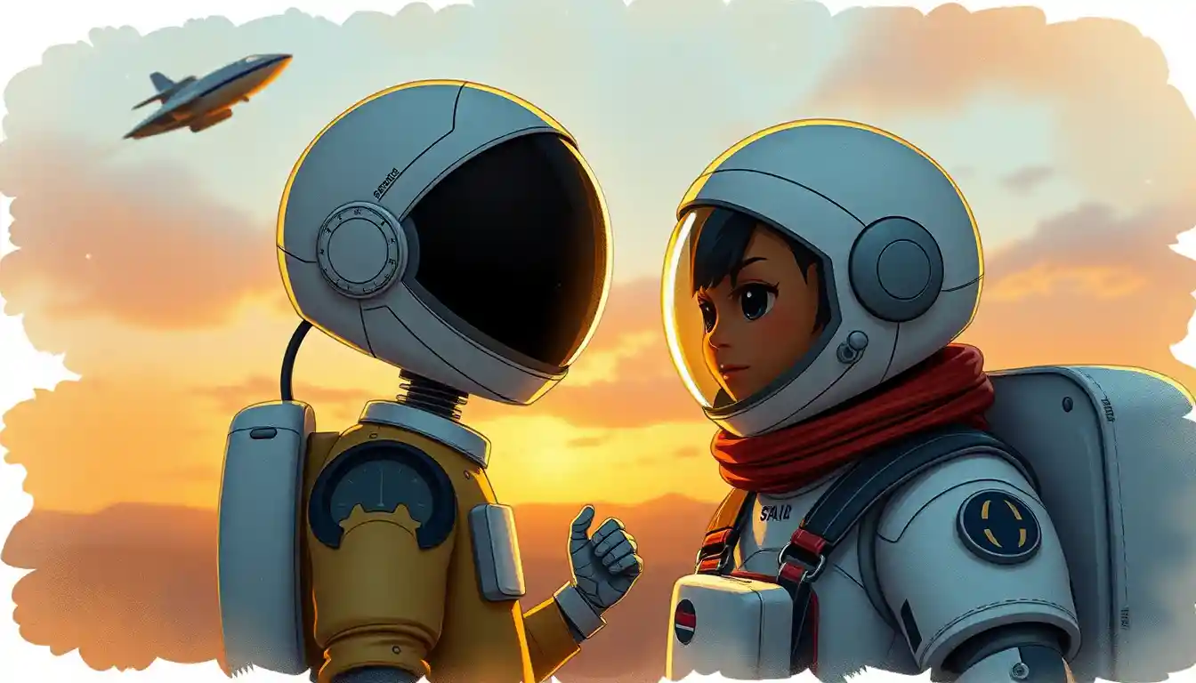 Girl astronaut traveling through outer space with her robot