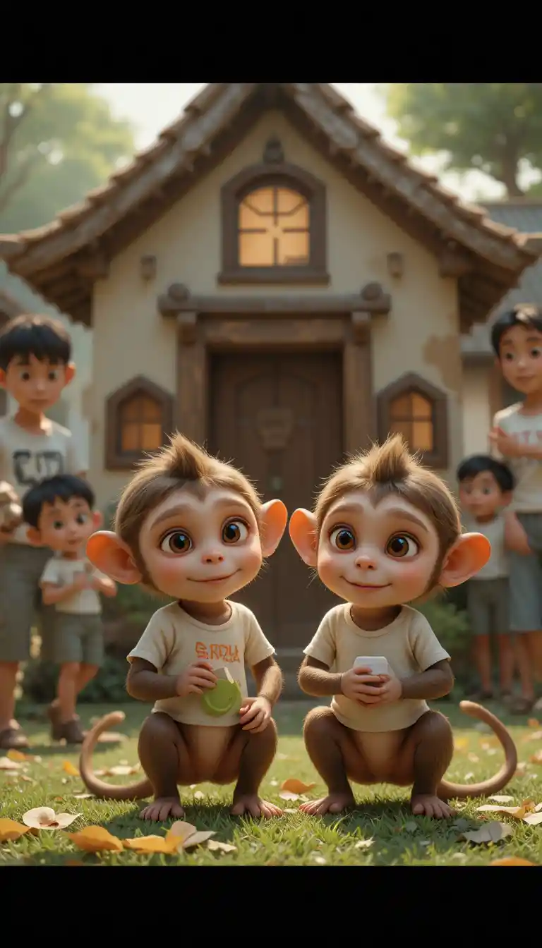 Two cartoon monkeys playing with children by a small house