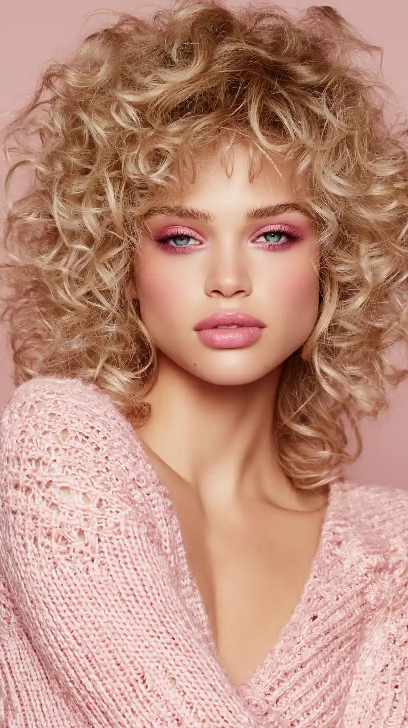Glamorous woman with soft ash blonde curls and pink makeup