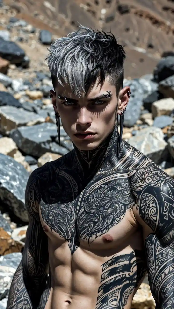 Tattooed muscular man in rocky landscape under harsh light