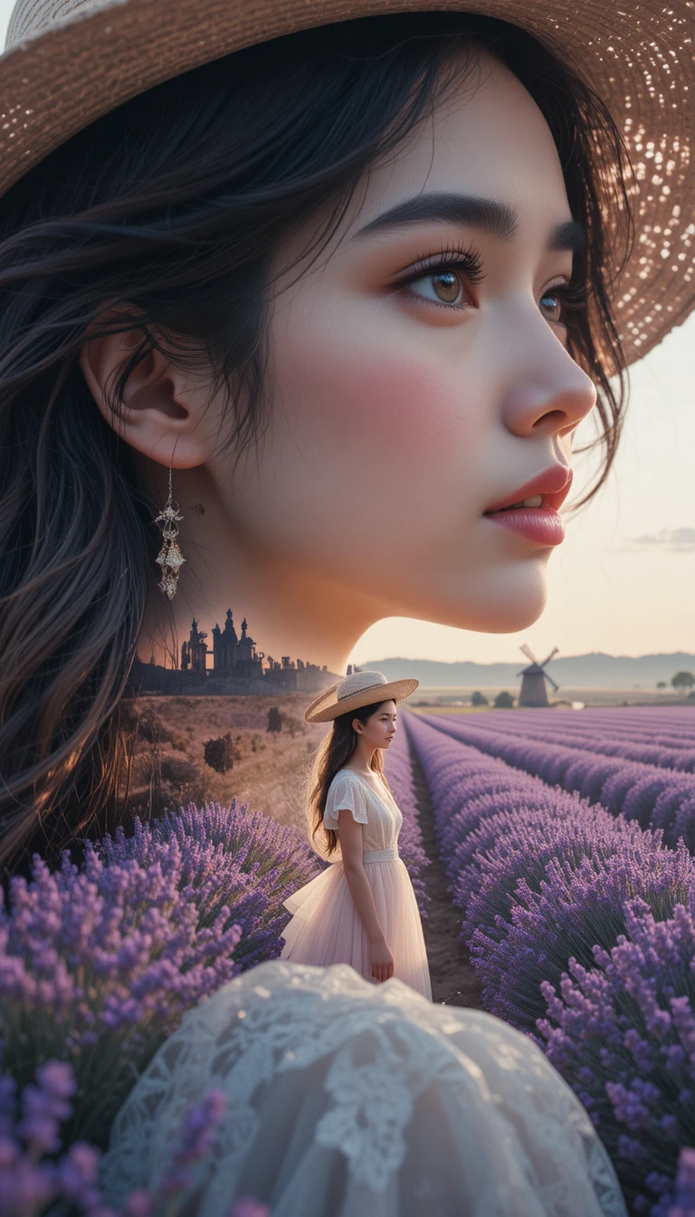 Double exposure profile of girl with lavender field overlay