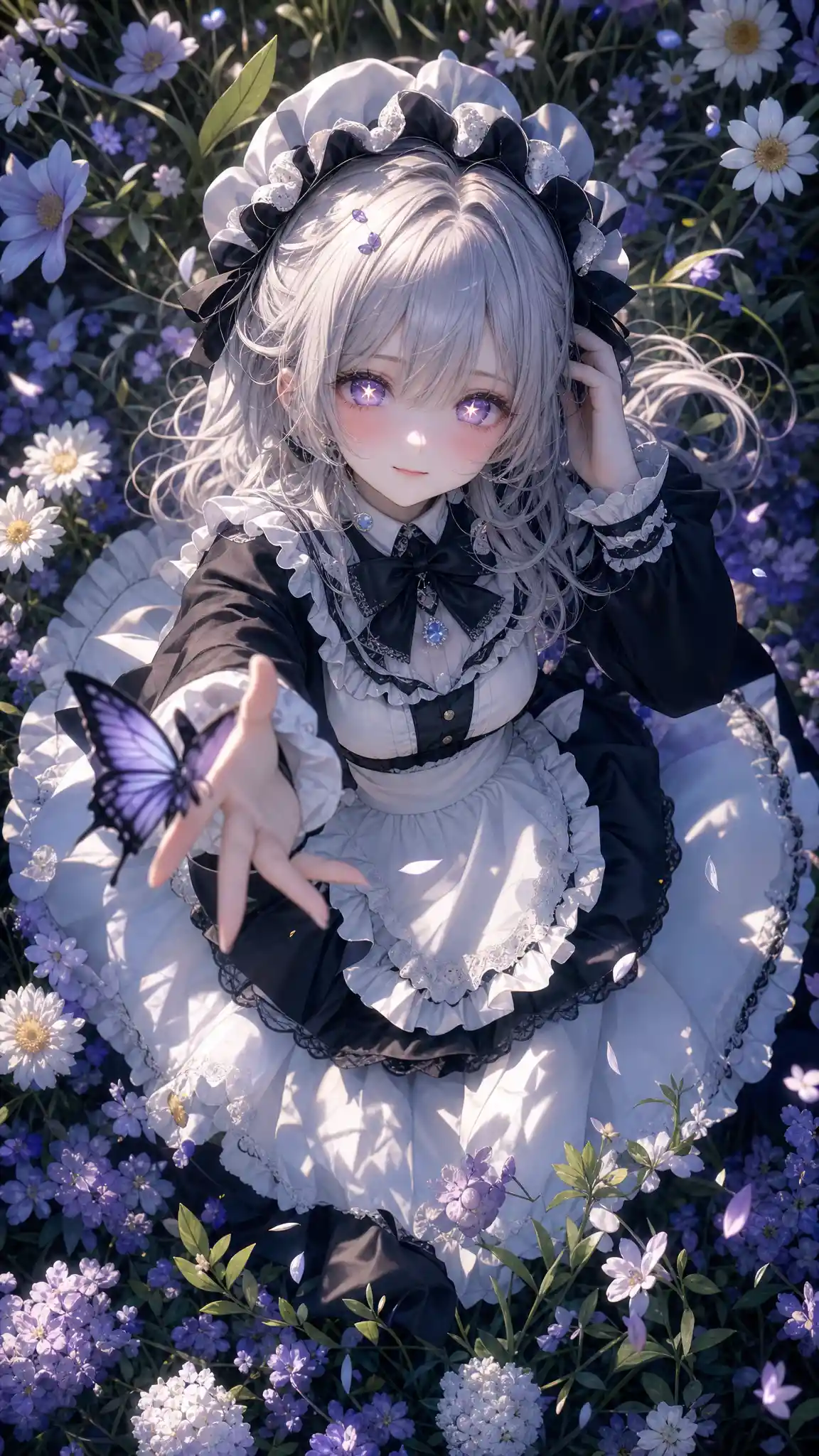Top down view of anime maid girl in flower field