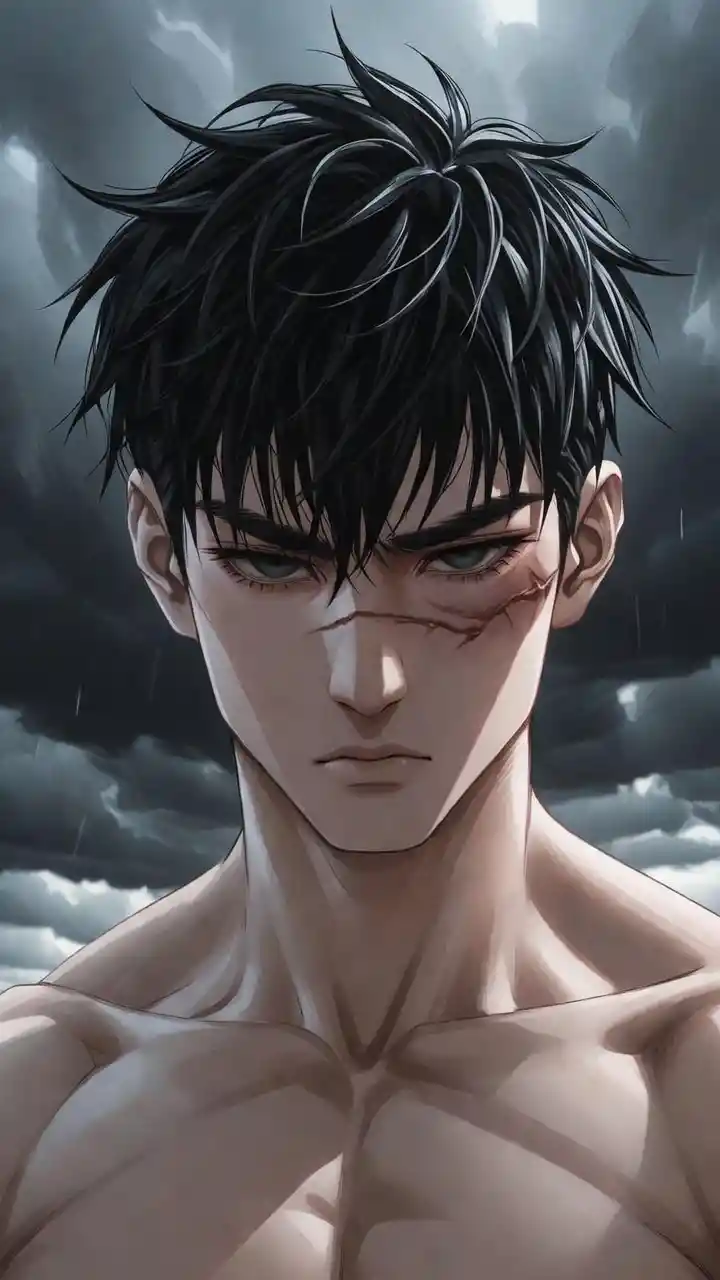 Stoic muscular man under a dramatic stormy sky