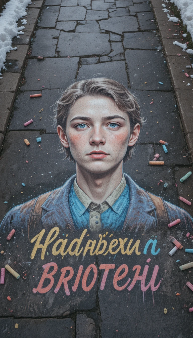 Chalk portrait of a girl on wet urban asphalt