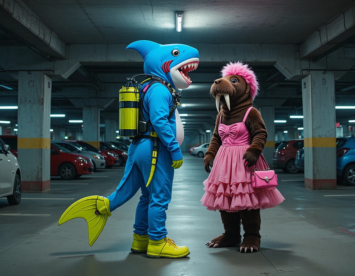 Colorful shark and walrus mascots in a dim parking garage