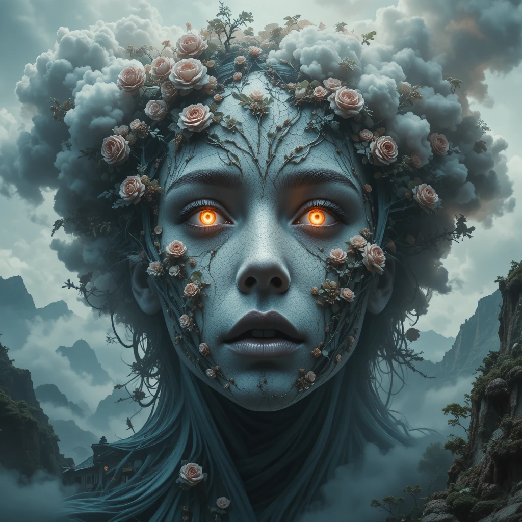 Retrato vivo surreal de rostos tecidos em um vasto mundo