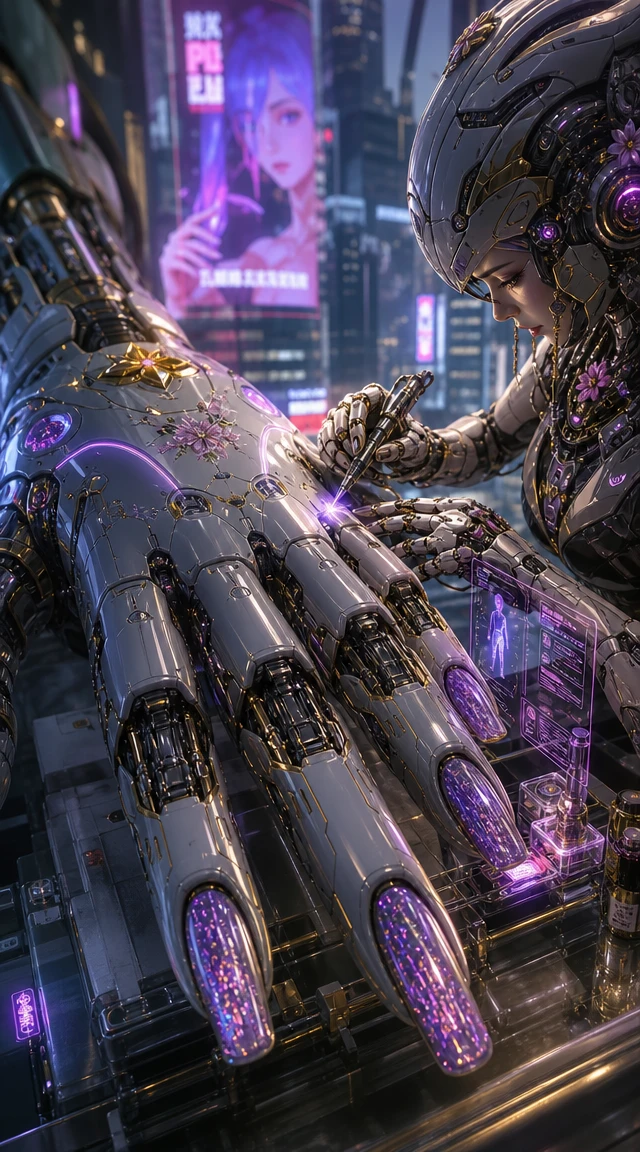 Close up of giant feminine mecha hand getting neon manicure