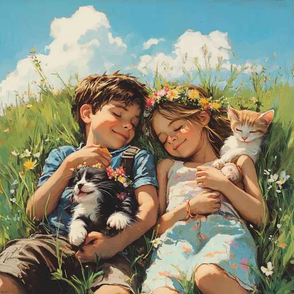 Children relaxing in a sunny meadow with puppy and kitten