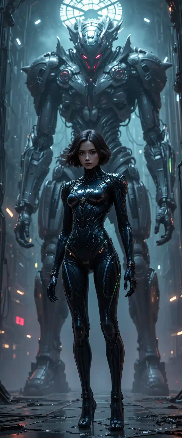 Futuristic woman linked to a towering biomechanical mech