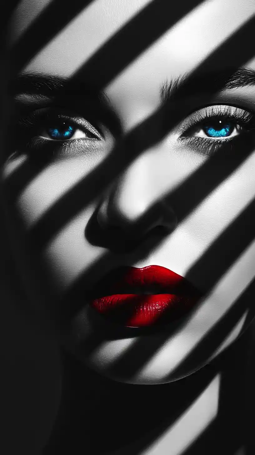 Eccentric woman portrait with vivid blue eyes and garnet lips
