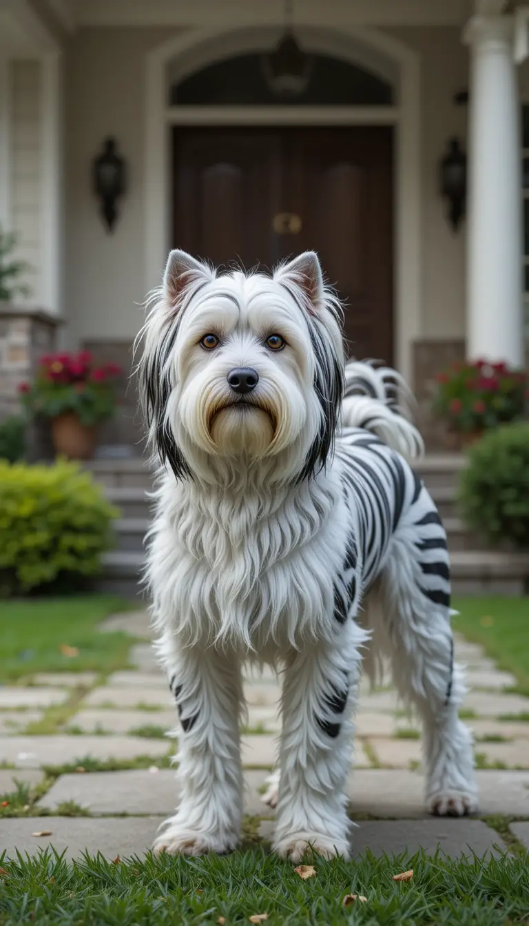 Long haired maltese dog with zebra stripes by house