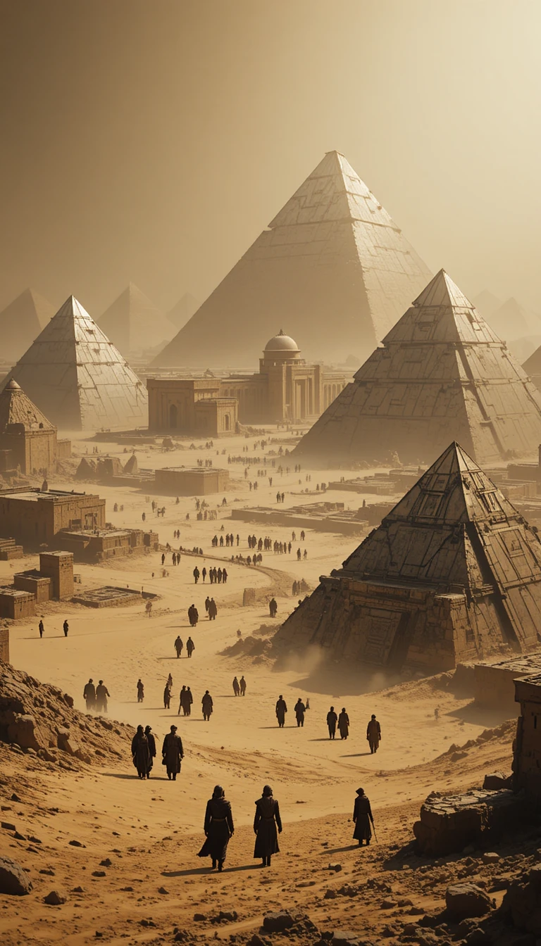 Desert city with metallic pyramids under a hazy brown sky