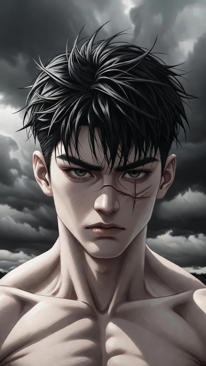 Muscular manhwa hero under a dramatic stormy sky