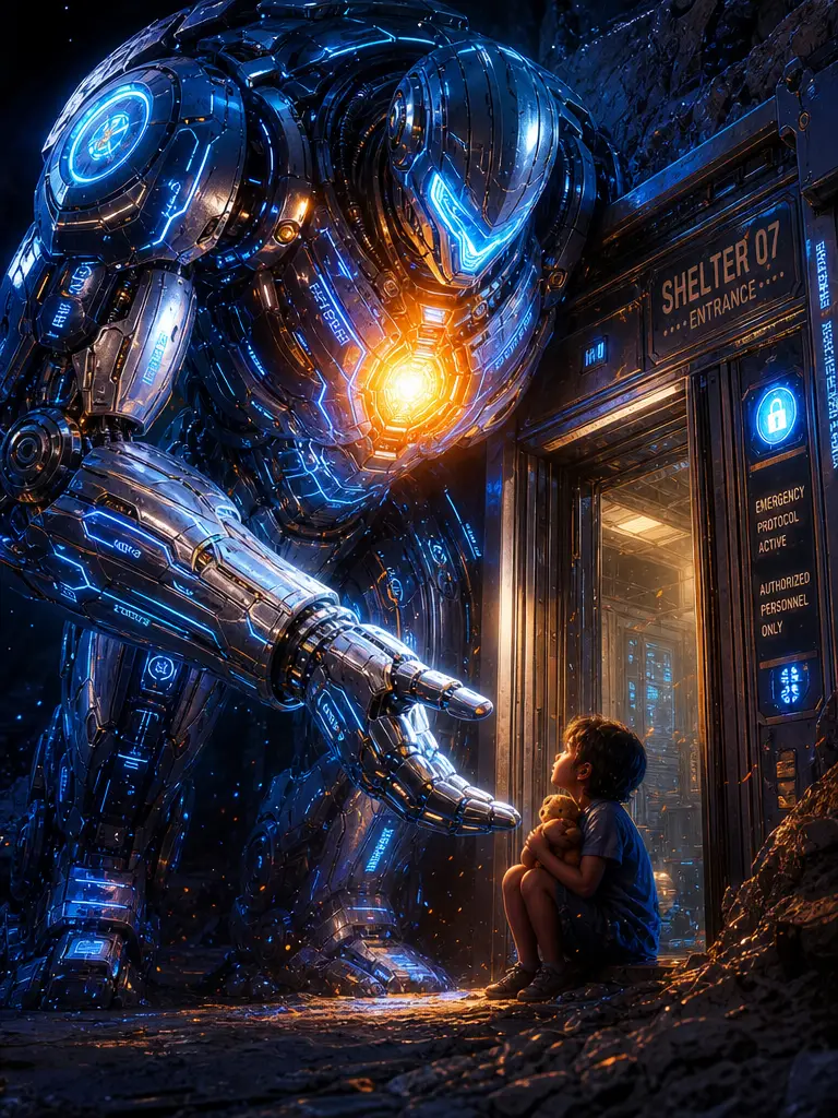 Giant guardian mech comforting a child at shelter entrance