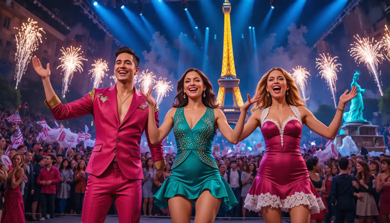 Young contestants celebrating on a vibrant Paris stage