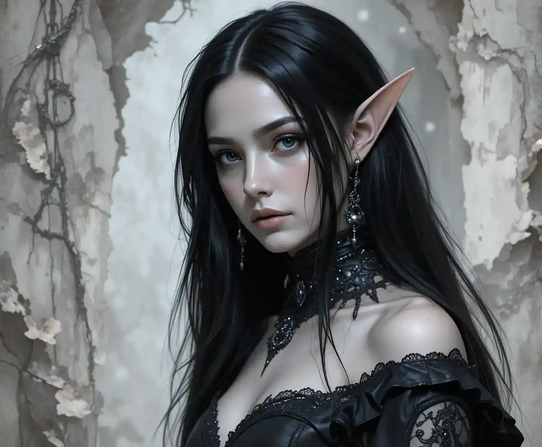Dark fantasy elf bard woman in gothic leather and lace