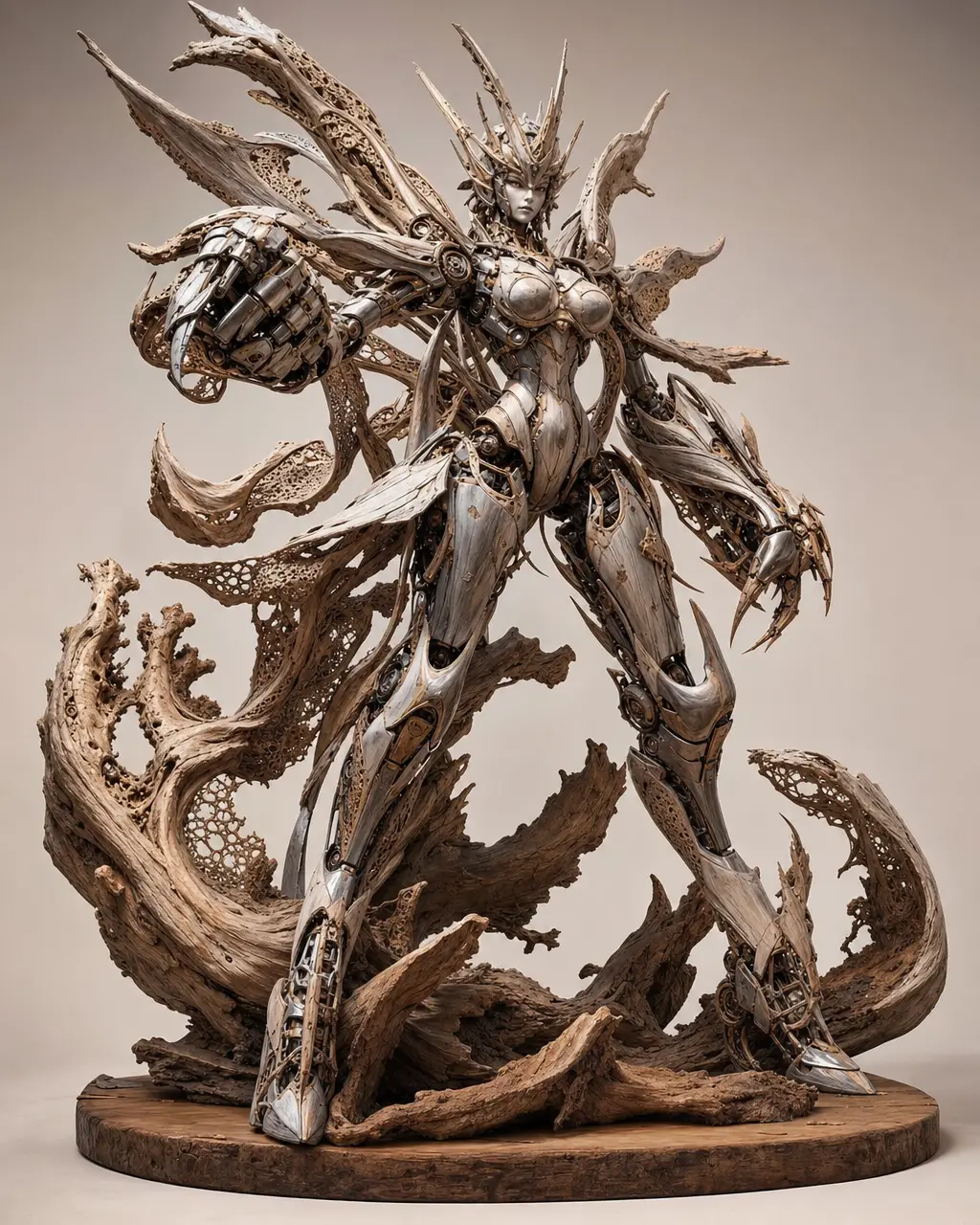 Giant female robot in a dramatic battle ready stance
