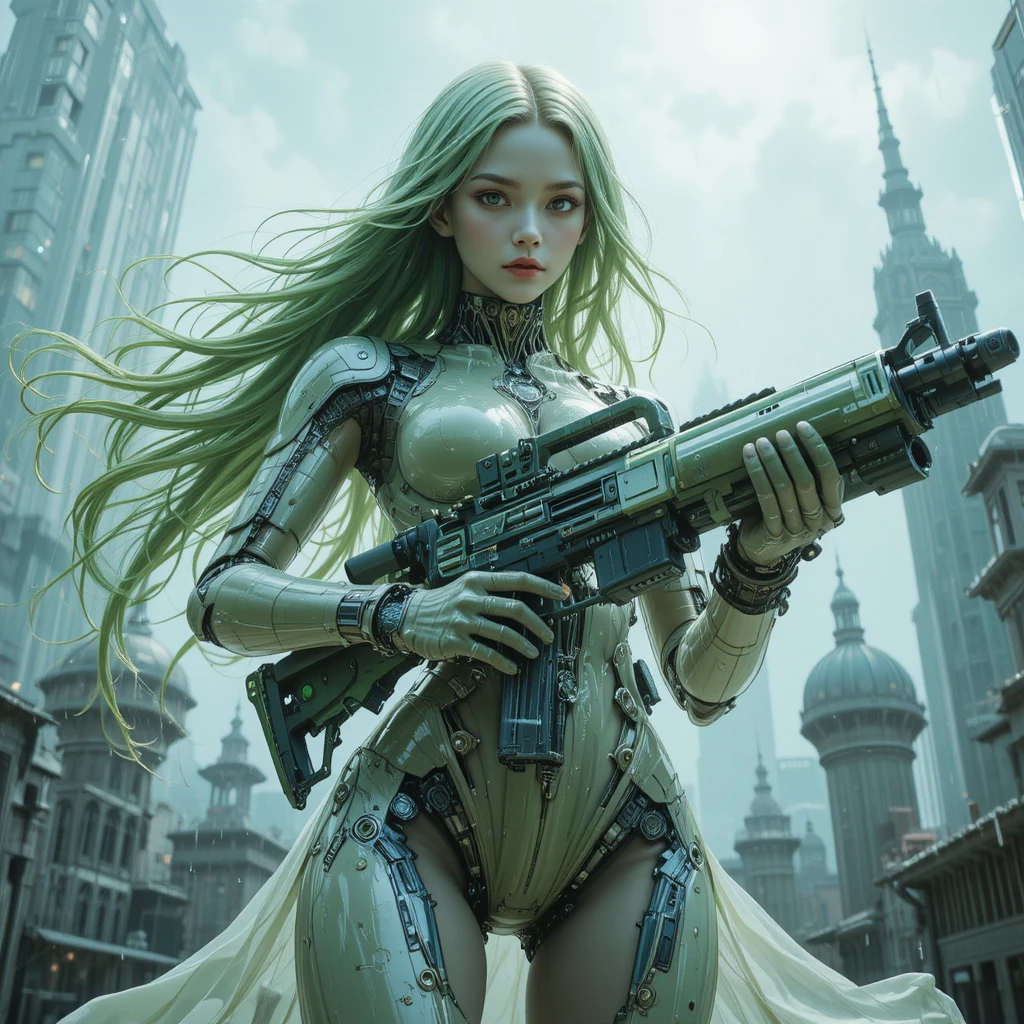 Kybernetische Frau mit Gewehr auf regennasser Cyberpunk-Dachterrasse