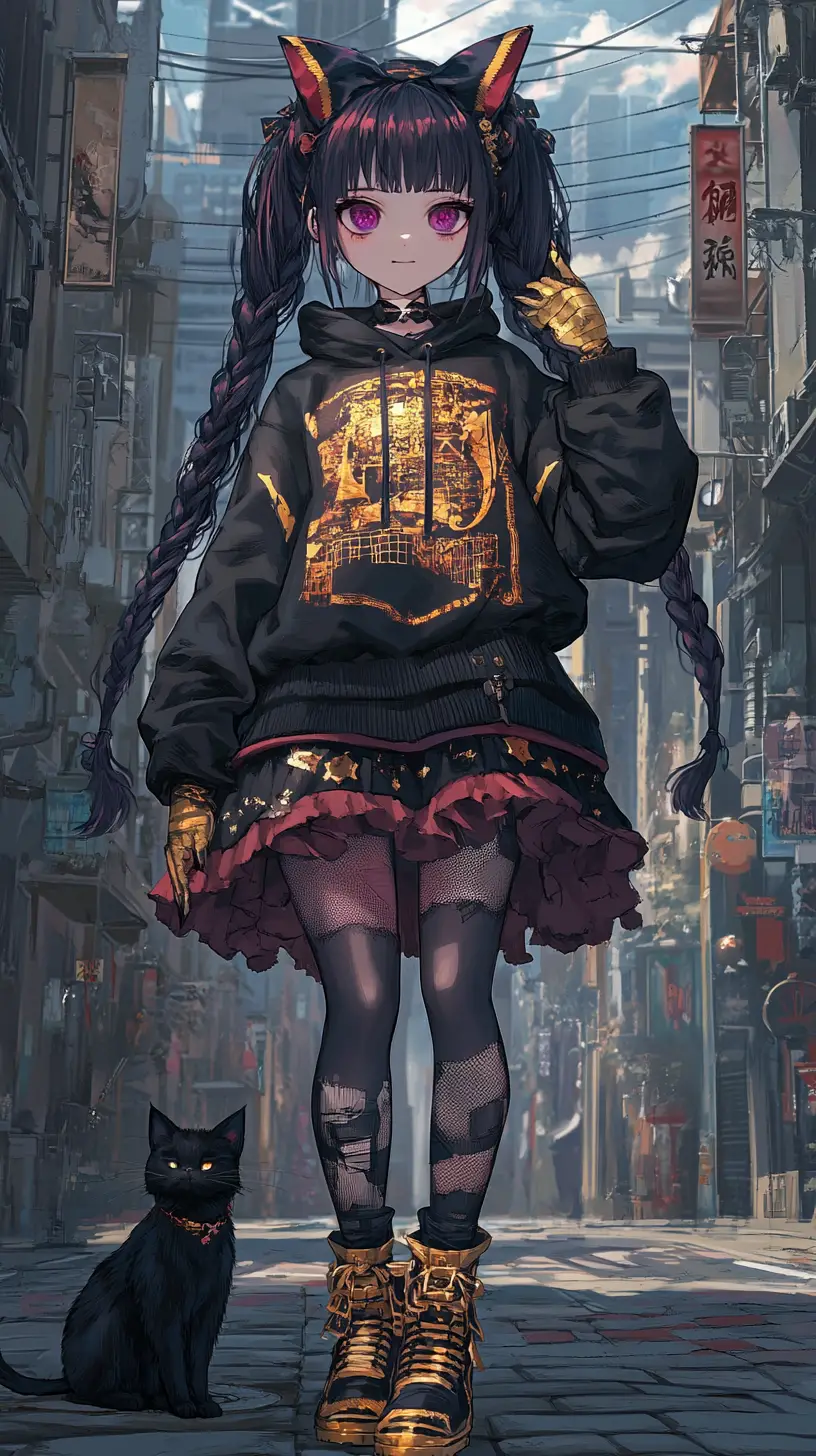 Anime girl in black hoodie before haunted forest tower