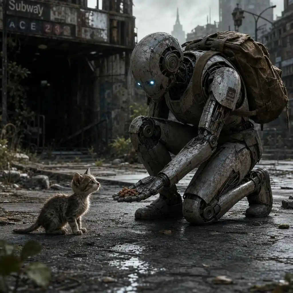 Humanoid robot feeding a kitten in an abandoned subway