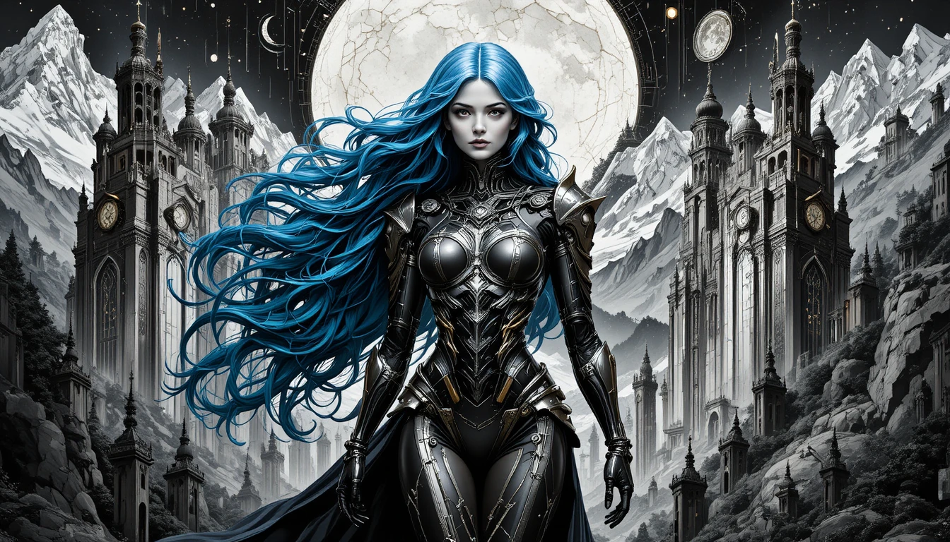 Blue haired mecha woman in a towering monochrome cityscape