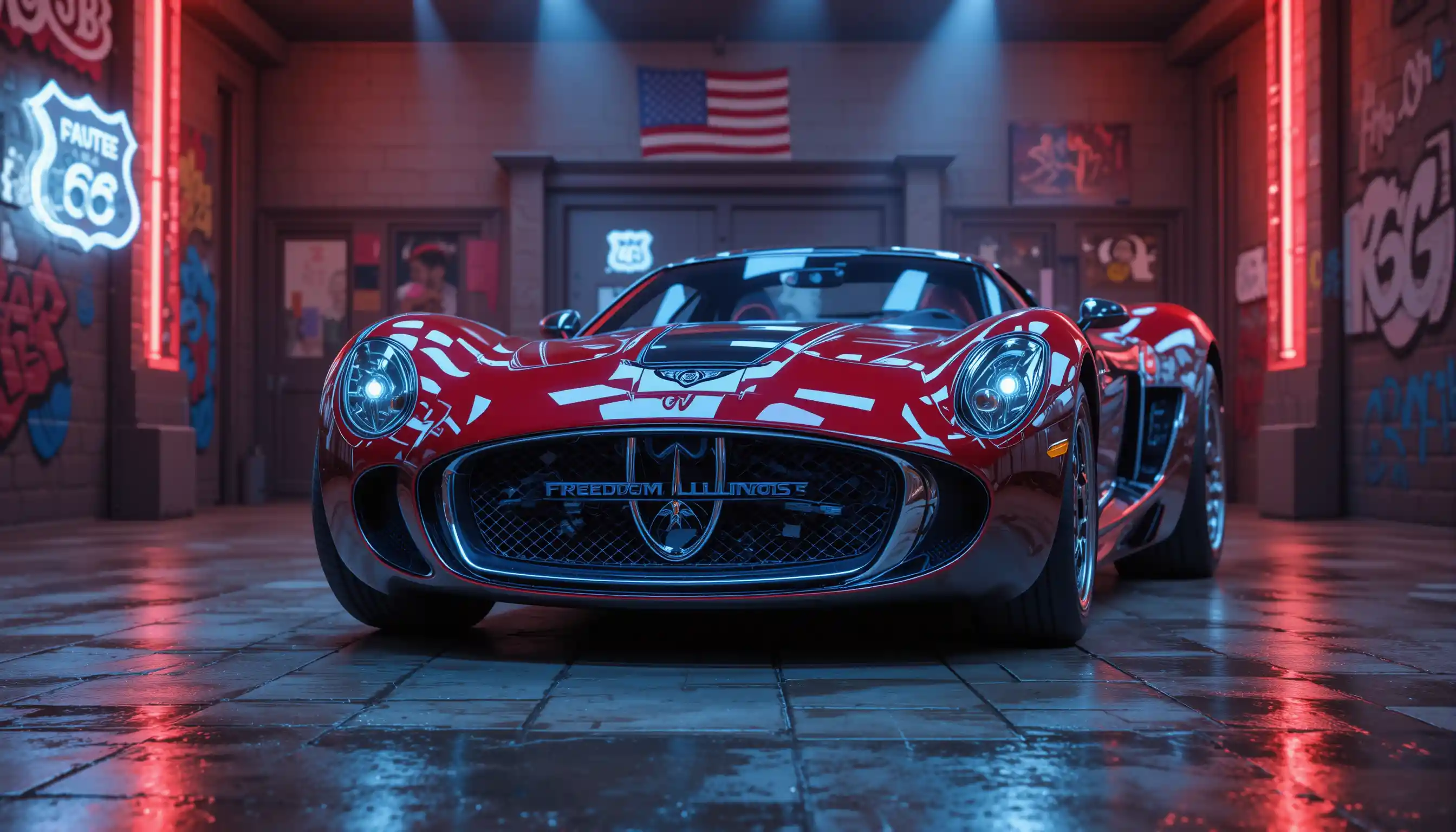 Patriotischer 3D-Supersportwagen in einer neonbeleuchteten Route-66-Garage