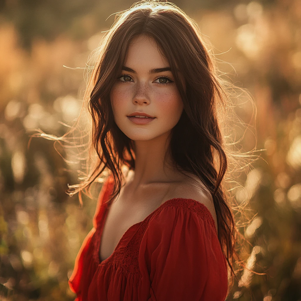Young woman in red dress under warm golden light