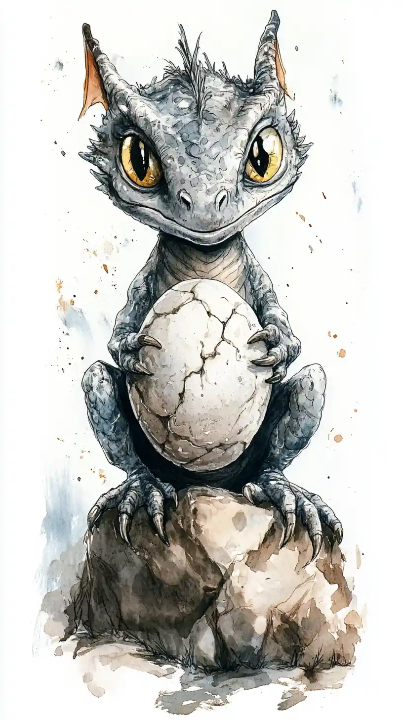 Giovane drago che tiene un uovo di pietra incrinato su un terreno roccioso