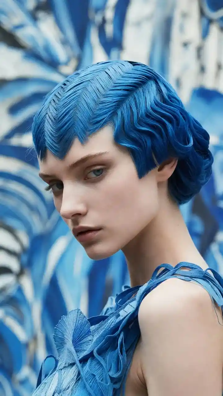 Fashion woman with blue herringbone inspired hair design