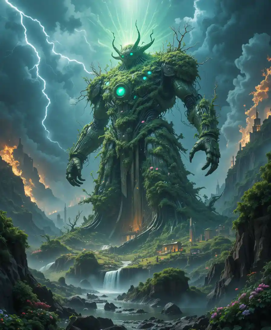 Robô colosal da natureza surgindo da terra em batalha