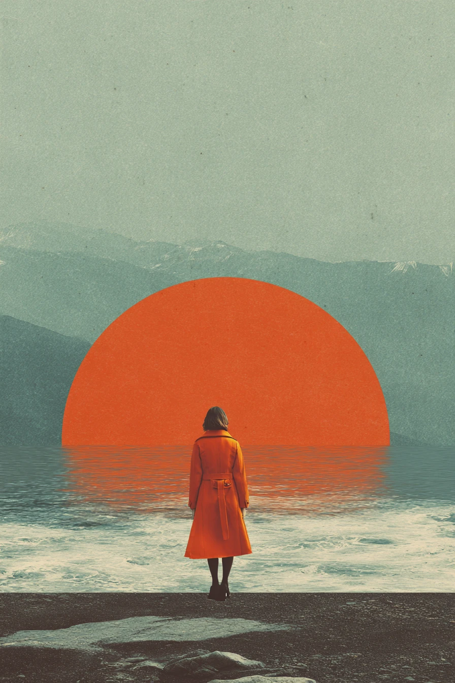 Collage surreal y melancólico en un espacio abstracto naranja cálido